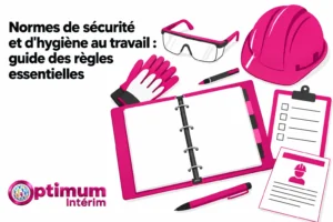 Normes de sécurité et d'hygiène au travail : guide des règles essentielles illustré avec casque, gants, carnet, lunettes et EPI.