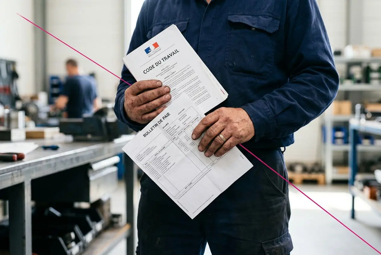 Salarié en atelier tenant des documents officiels du travail (code du travail et bulletin de paie), prêt à vérifier ses droits. contrat intérimaire détaché comment ça marche.