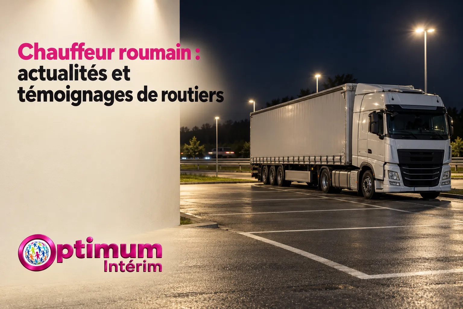 Un camion de transport blanc est garé de nuit sur un parking éclairé.