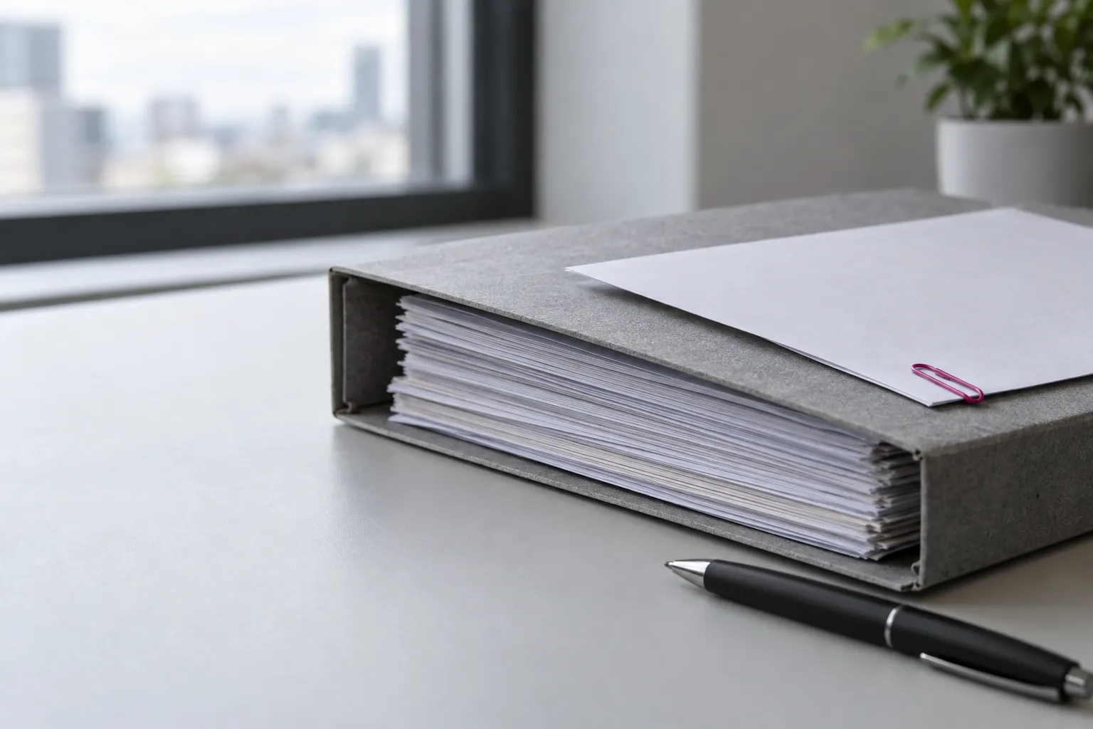 Classeur métallique ouvert sur des piles de documents et un stylo posé sur un bureau.