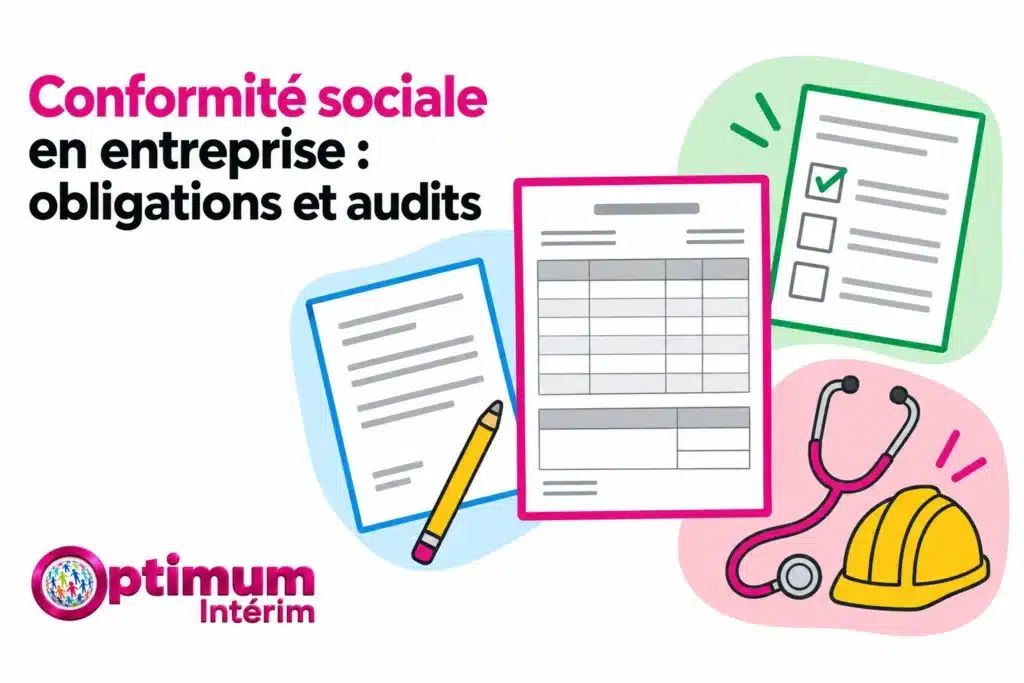Couverture illustrée montrant un ensemble de documents et outils liés à la conformité sociale, incluant une fiche de