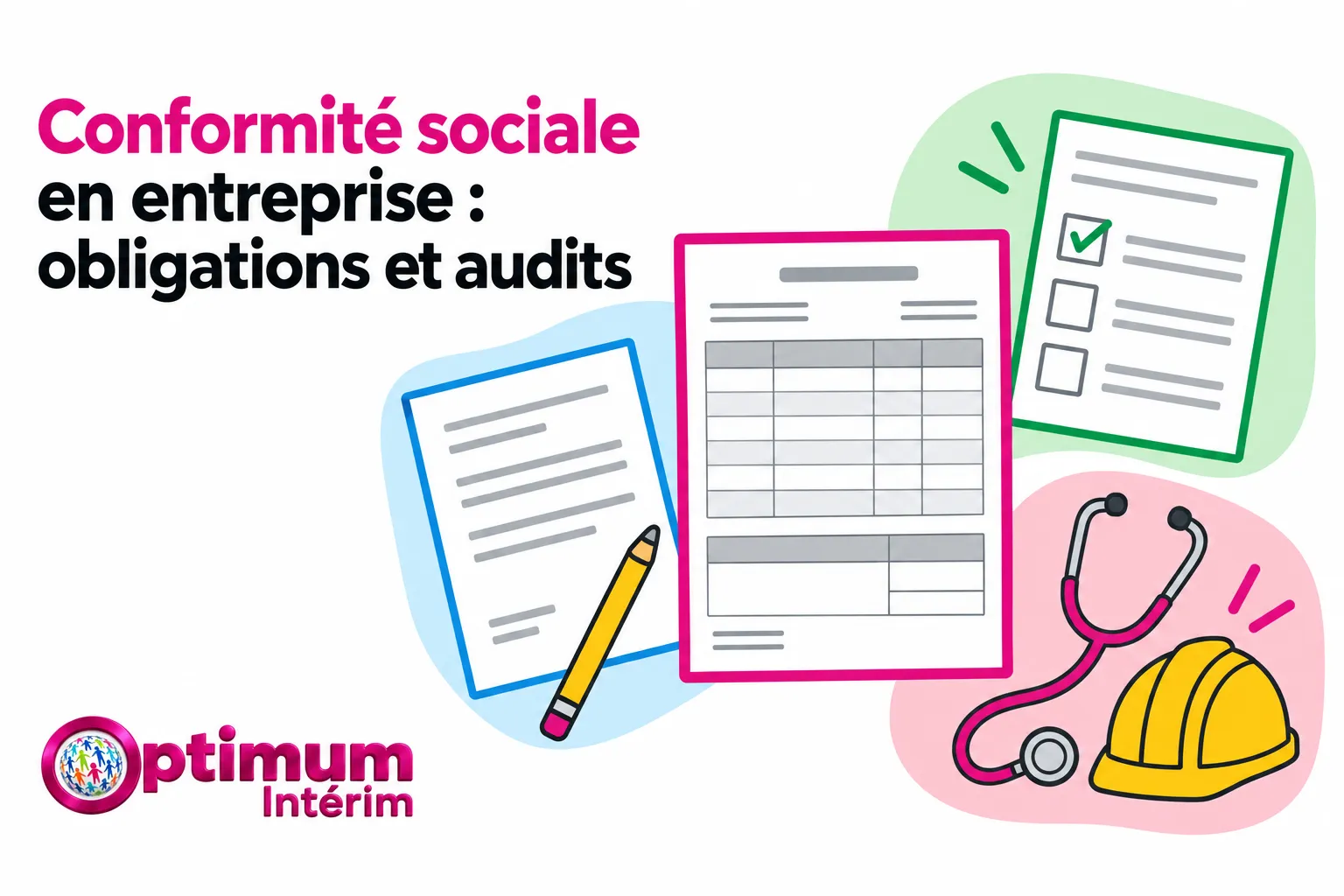 Couverture illustrée montrant un ensemble de documents et outils liés à la conformité sociale, incluant une fiche de