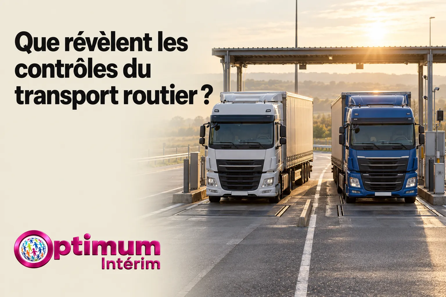 Deux camions passent côte à côte sous un portique de contrôle routier.