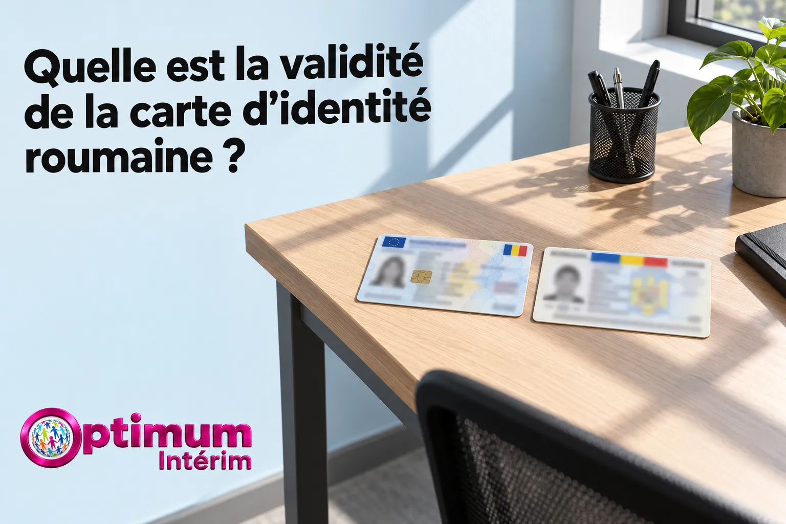 Deux cartes d'identité roumaines posées sur une table près d'un bureau.