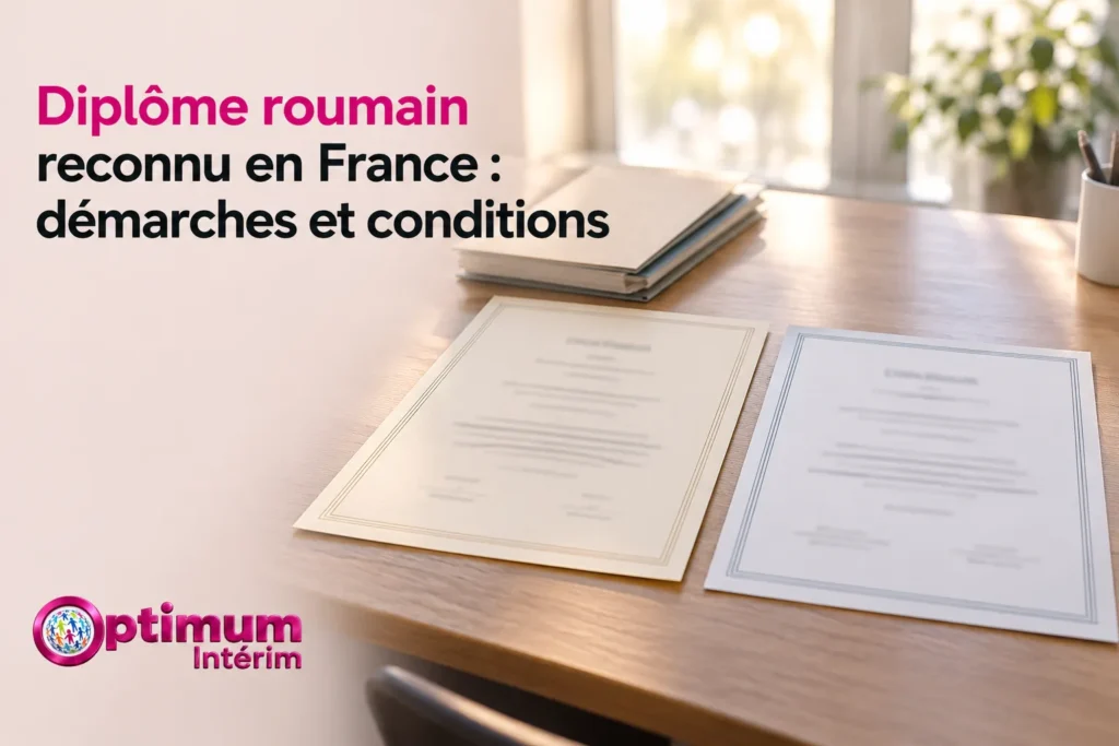 Deux diplômes posés sur une table en papier, avec des documents empilés au fond et une plante en lumière naturelle.