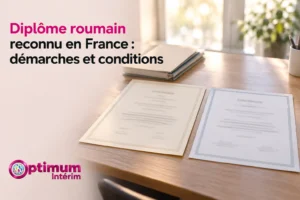 Deux diplômes posés sur une table en papier, avec des documents empilés au fond et une plante en lumière naturelle.