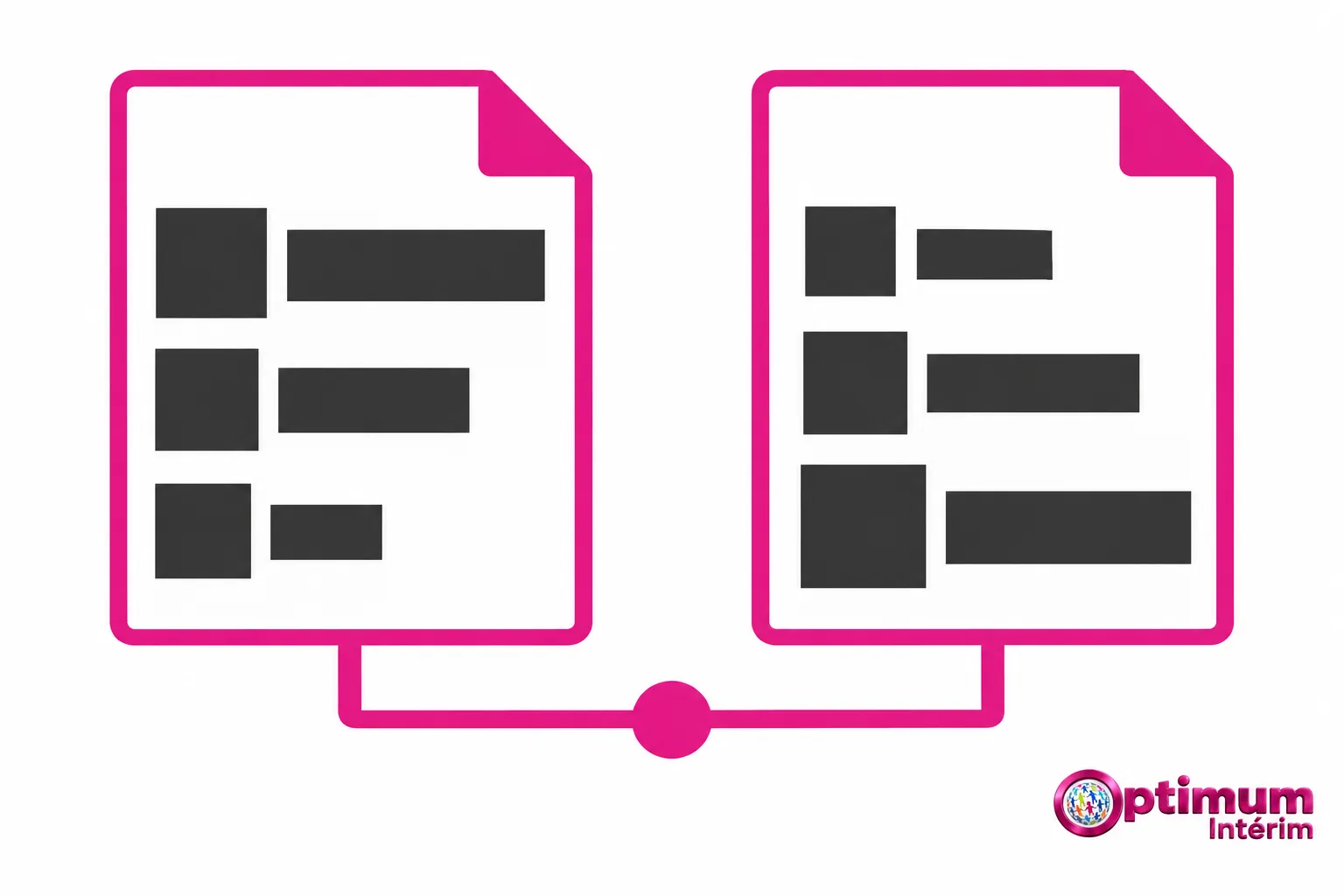 Deux documents affichés reliés par un lien rose, représentant des paragraphes et des blocs de texte.