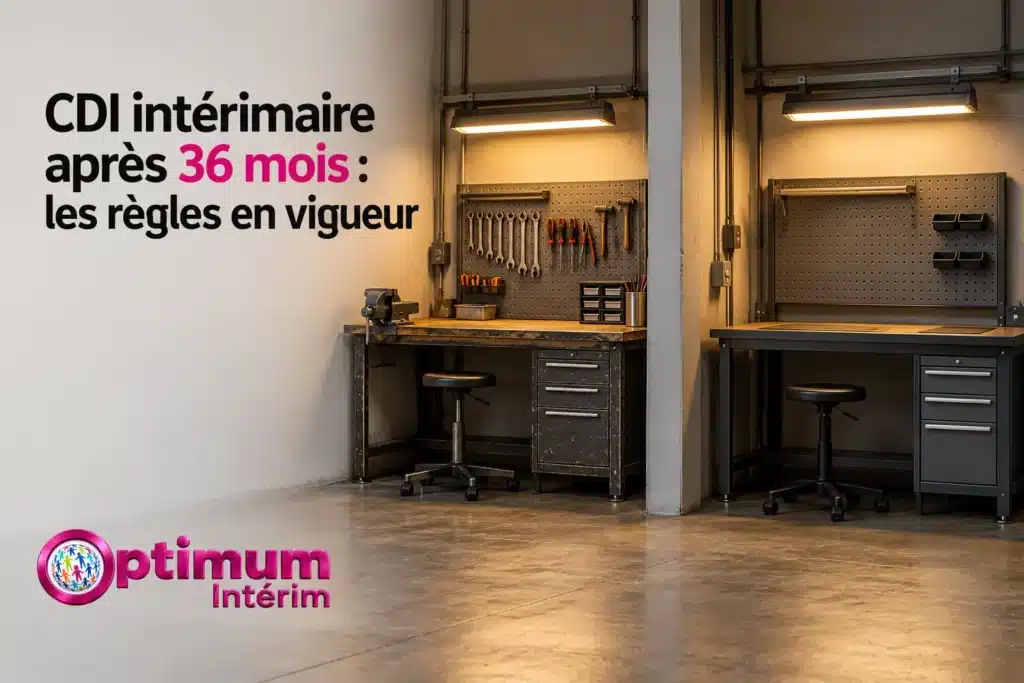 Deux établis équipés d’outils et de tabourets se trouvent dans un atelier.
