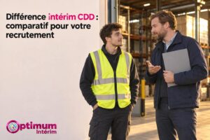 Deux hommes discutent devant une entrée d’entrepôt, l’un portant un gilet jaune réfléchissant et l’autre tenant un classeur.