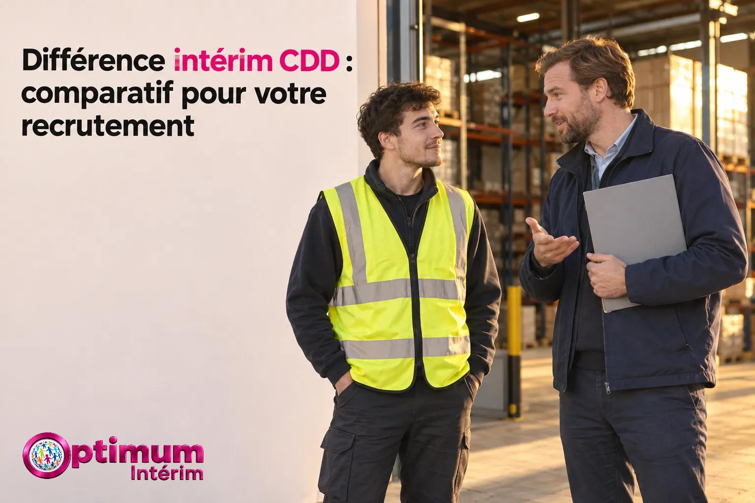 Deux hommes discutent devant une entrée d’entrepôt, l’un portant un gilet jaune réfléchissant et l’autre tenant un classeur.