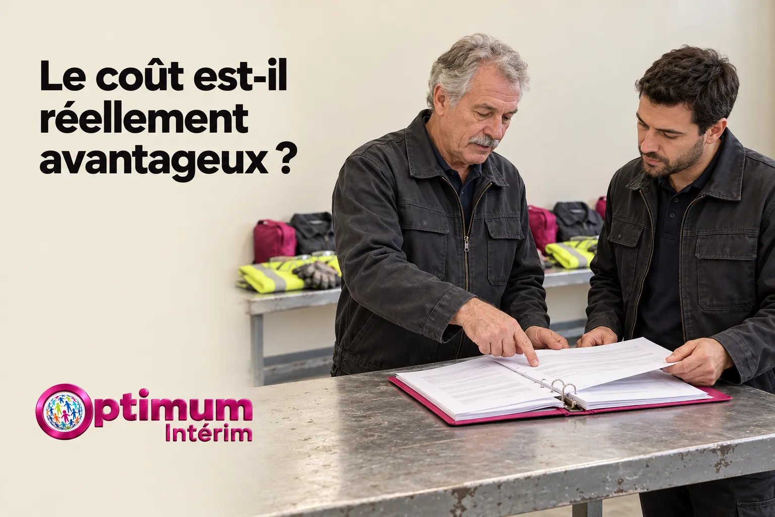 Deux hommes examinent un dossier posé sur une table métallique dans un atelier.