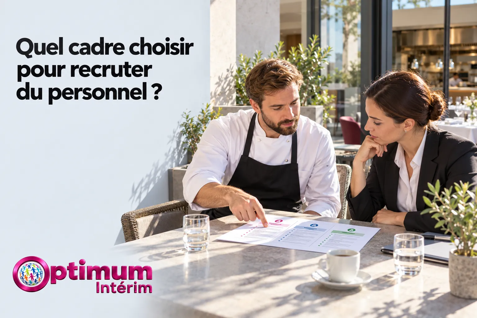 Deux personnes assises à une table discutent devant des documents, sous un soleil intérieur, avec le logo Optimum intérim en