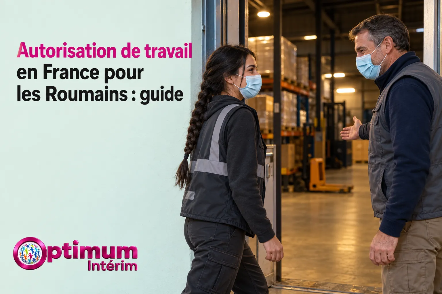 Deux personnes portant un masque discutent près d’une porte d’un espace intérieur, l’une en gilet réfléchissant, l’autre en
