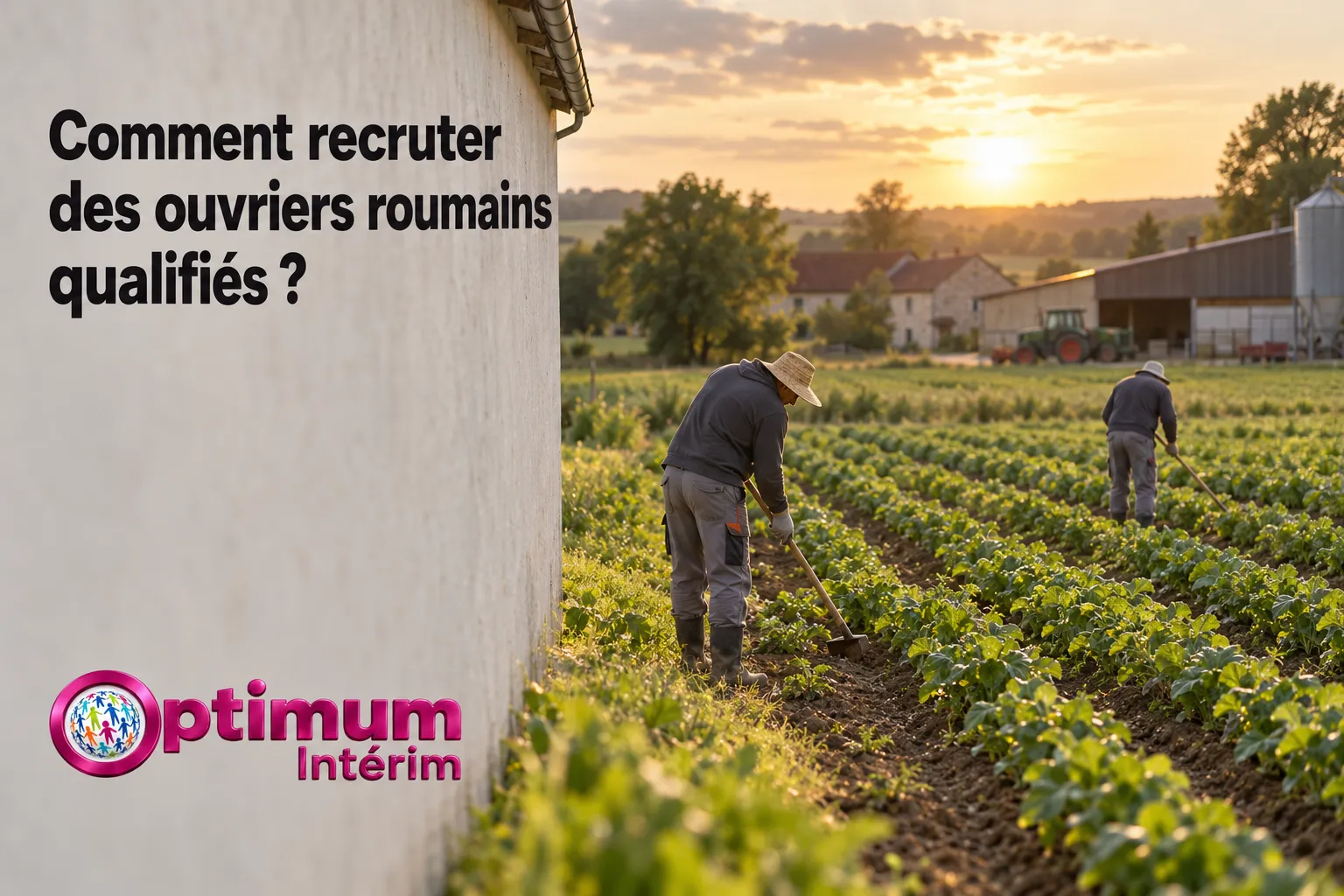 Deux travailleurs agricoles arrosent et entretiennent des rangs de cultures dans un champ en fin de journée.