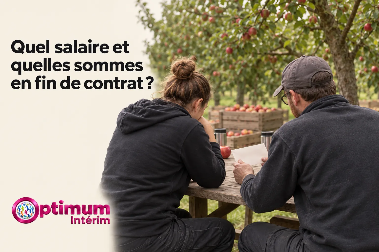 Deux travailleurs assis à une table en extérieur, examinant des documents près d’un panier de pommes.