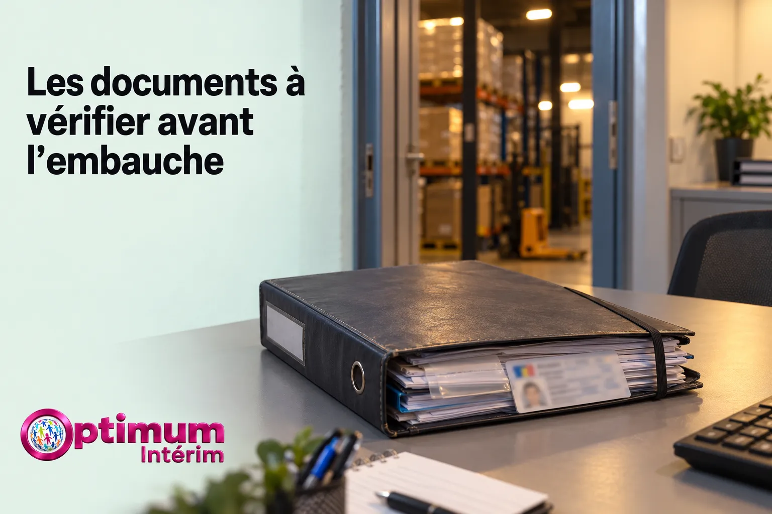 Dossier à vérifier avant l’embauche posé sur un bureau près d’un clavier et d’un classeur rempli de documents.