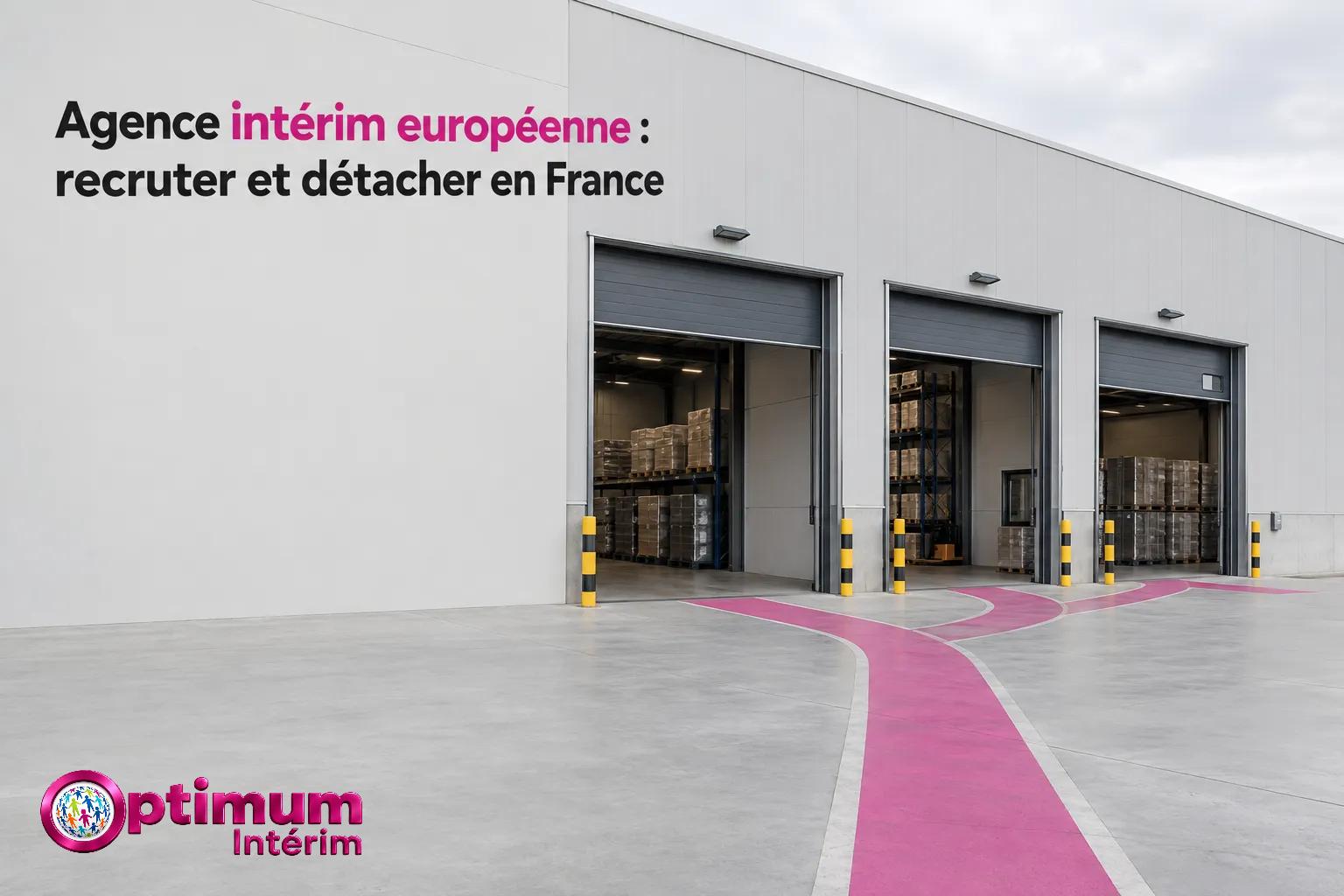 façade d'entrepôt moderne avec trois grandes portes et une passerelle rose au sol, logo "Optimum Intérim" en coin et texte