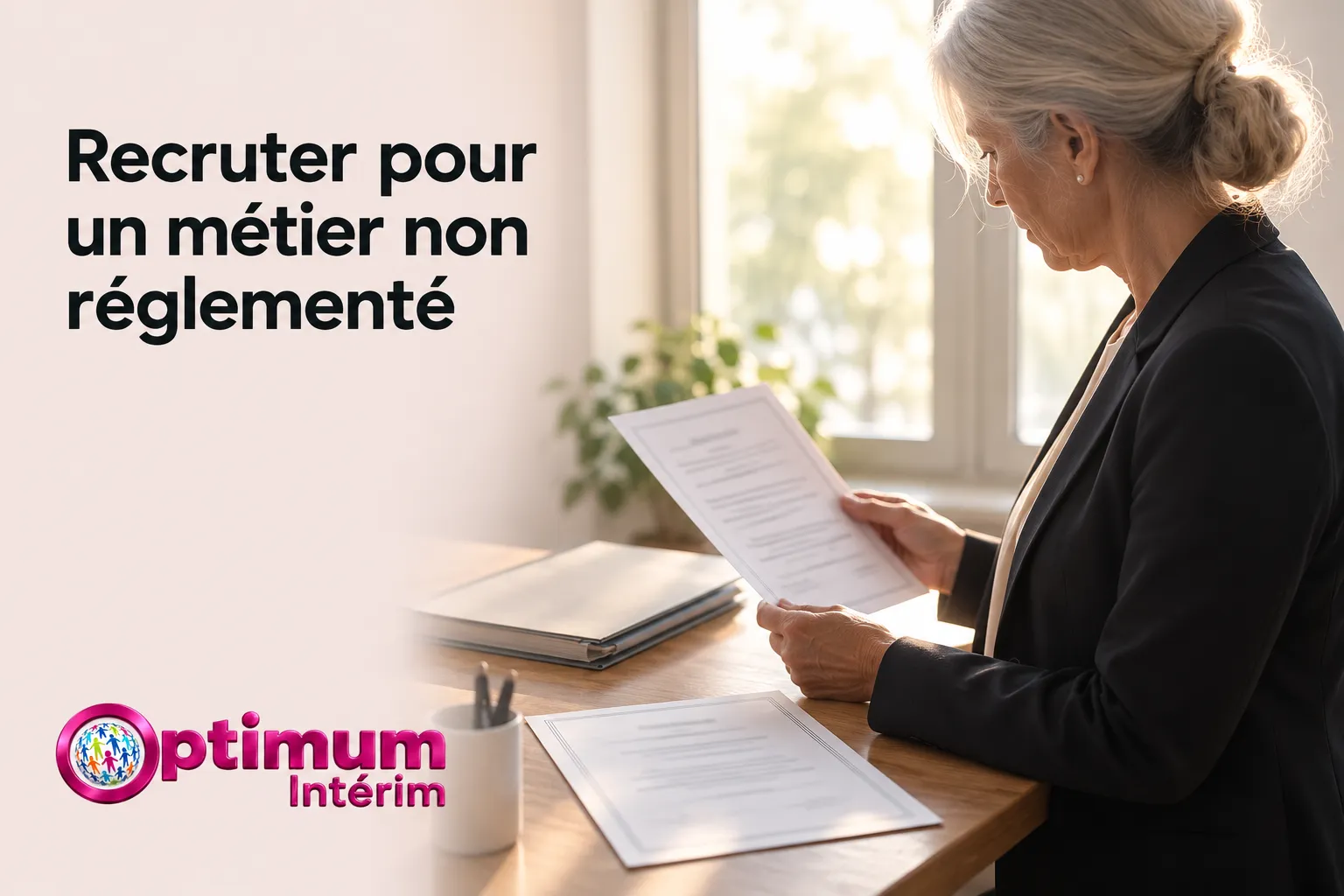 Une femme âgée lit un document posé sur un bureau en arrière-plan lumineux.