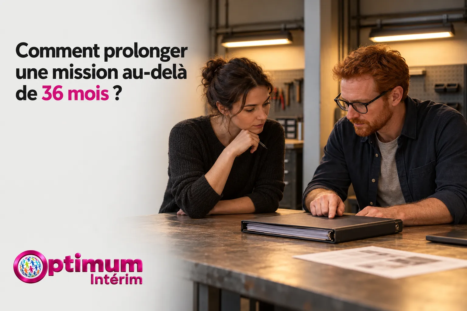 Une femme et un homme examinent ensemble un dossier posé sur une table.