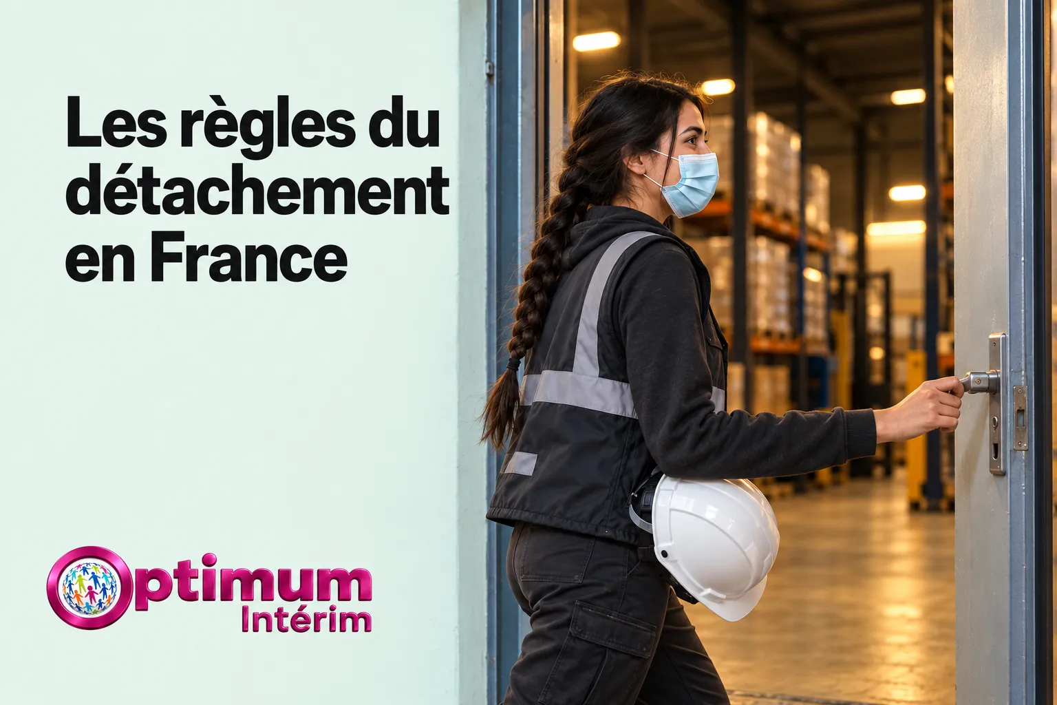 Une femme portant un gilet et un casque blanc entre dans un local industriel.