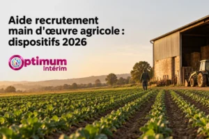 Ferme avec un champ de jeunes plantations, une silhouette de fermier marchant près d’un bâtiment agricole au coucher du