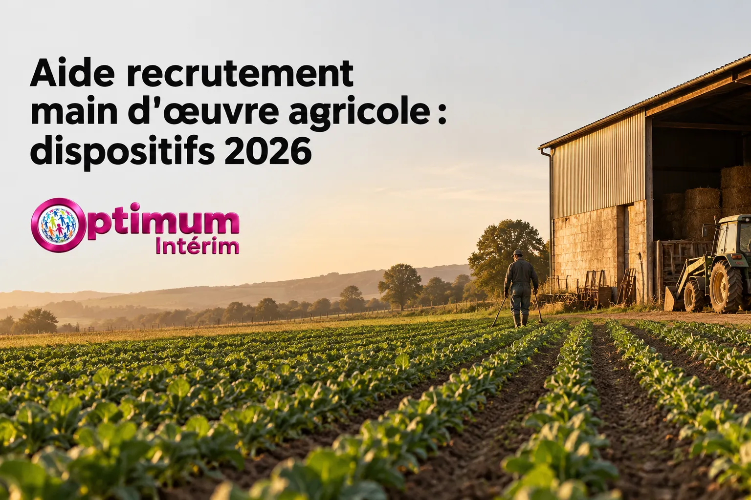 Ferme avec un champ de jeunes plantations, une silhouette de fermier marchant près d’un bâtiment agricole au coucher du