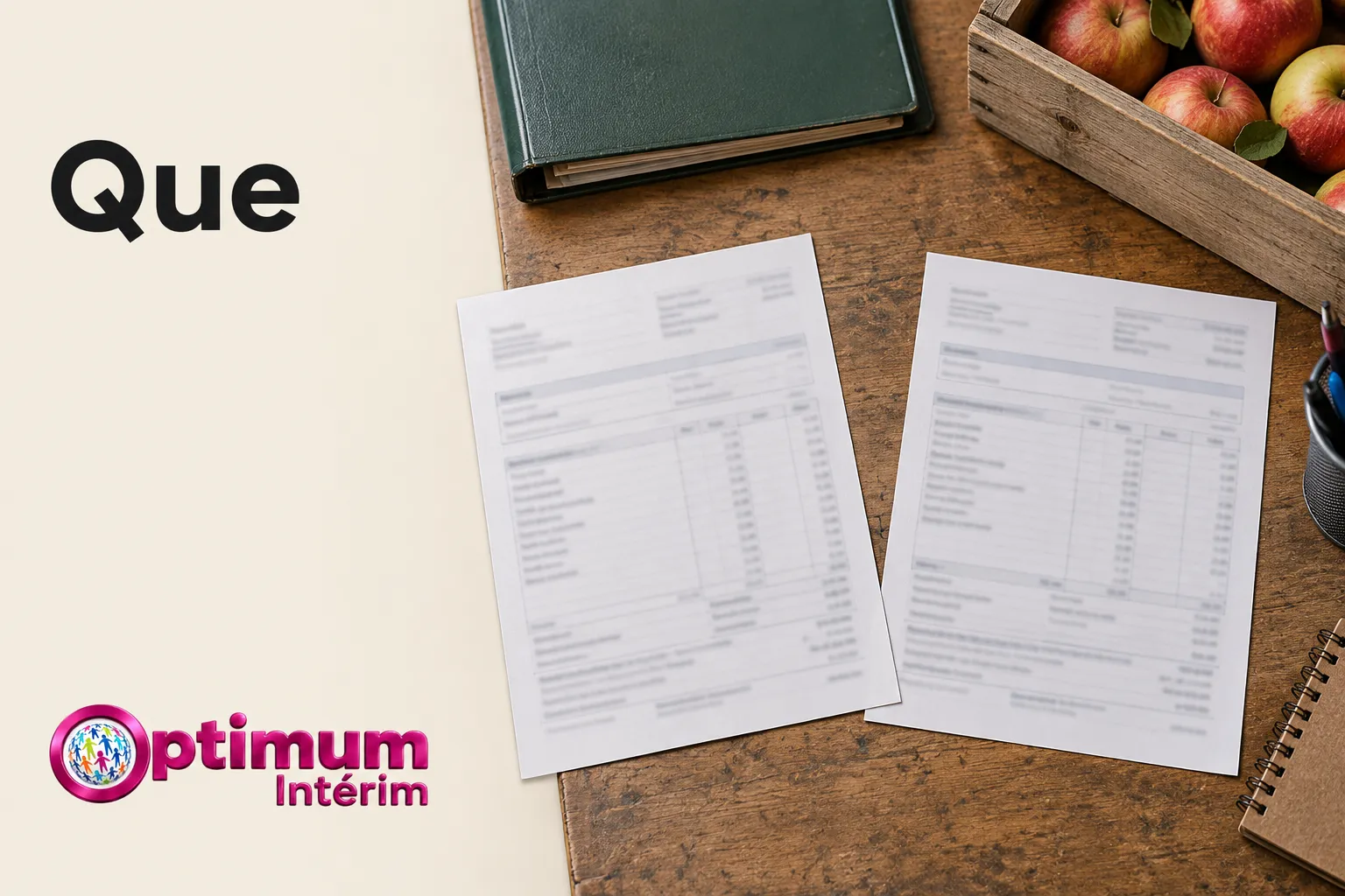 Des feuilles de paie et documents administratifs posés sur une table en bois avec une caisse de pommes à côté.