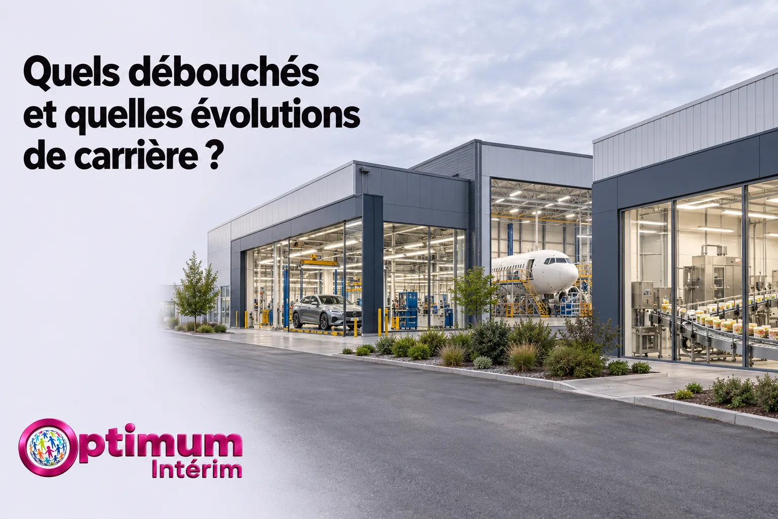 Hangar industriel avec des ateliers et des véhicules à l’intérieur, vue extérieure du site de production d’Optimum Intérim.