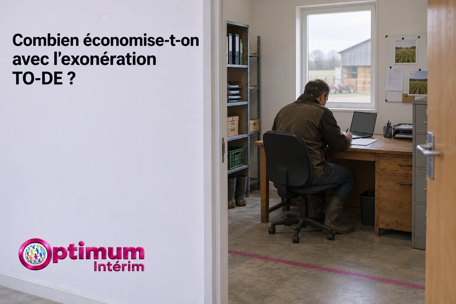 Un homme assis à un bureau en train de travailler sur un ordinateur dans un bureau simple.