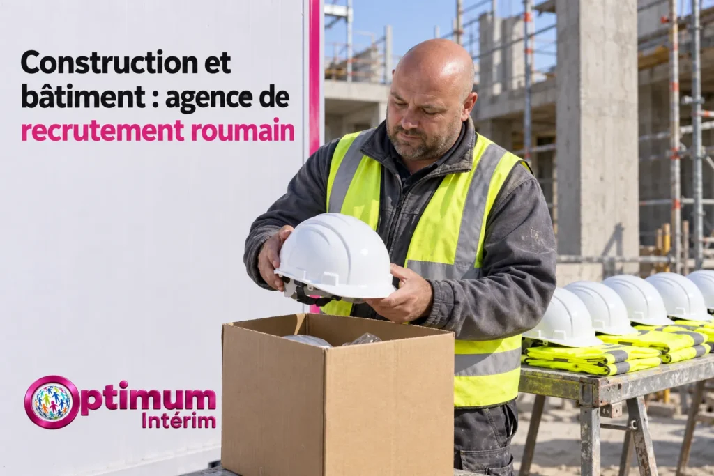 Un homme portant un gilet jaune et un casque de sécurité inspecte un casque de chantier au-dessus d’une boîte ouverte devant