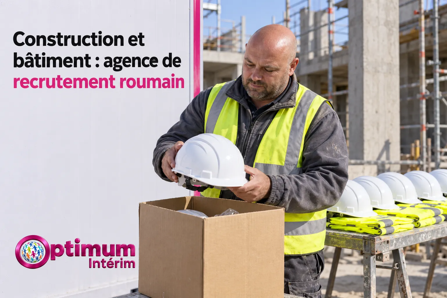 Un homme portant un gilet jaune et un casque de sécurité inspecte un casque de chantier au-dessus d’une boîte ouverte devant