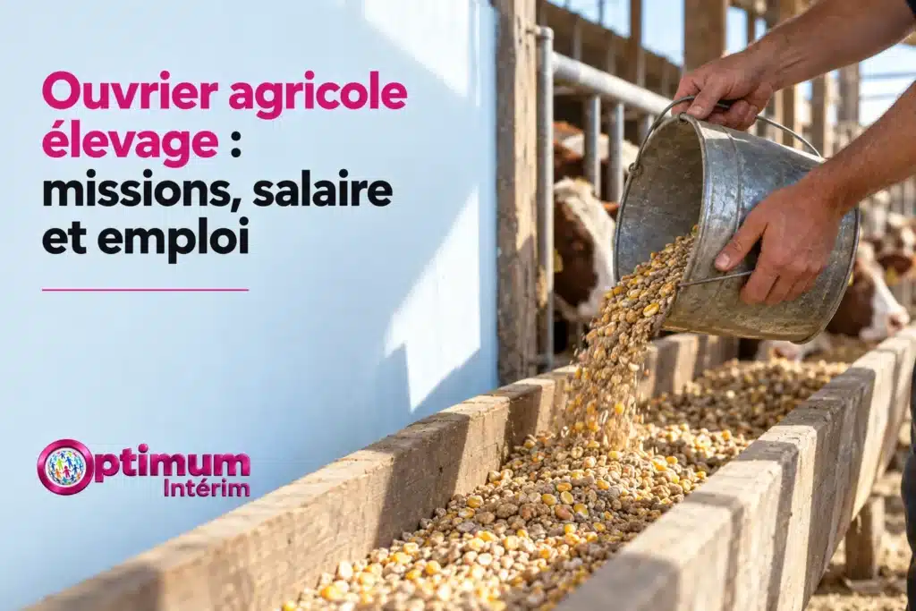 Légende: un ouvrier agricole verse du maïs dans une mangeoire pour les animaux.