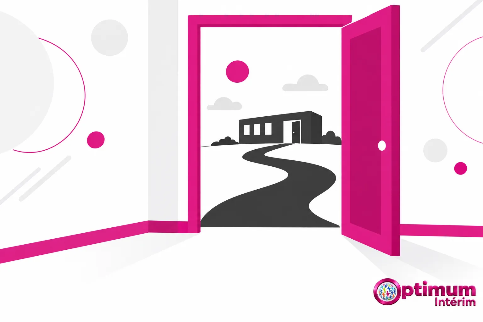 Ouverture d’une porte pink menant vers un bâtiment noir en façade.