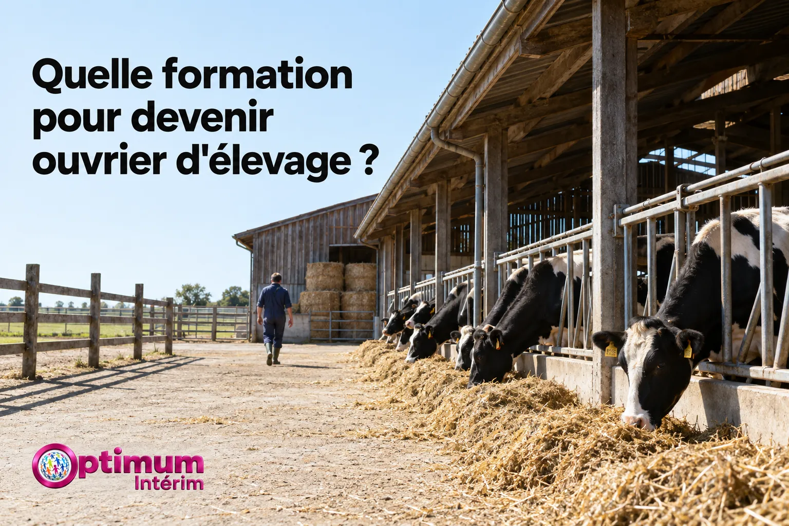 Un ouvrier agricole marche près d’un bâtiment d’élevage avec des bovins en train de manger du foin.