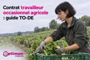 Une personne ramasse des légumes dans un champ, près d’un coffre contenant des feuilles.