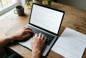 Personne saisissant un formulaire sur un ordinateur portable, avec des documents imprimés à côté sur une table en bois.