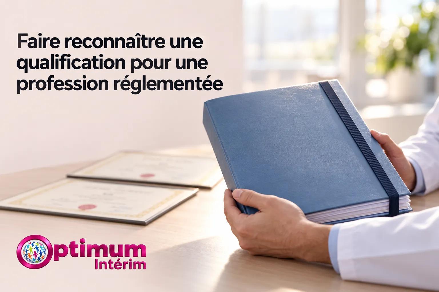 Personne tenant un dossier bleuté relié sous étui, posé sur une table avec des documents en arrière-plan.