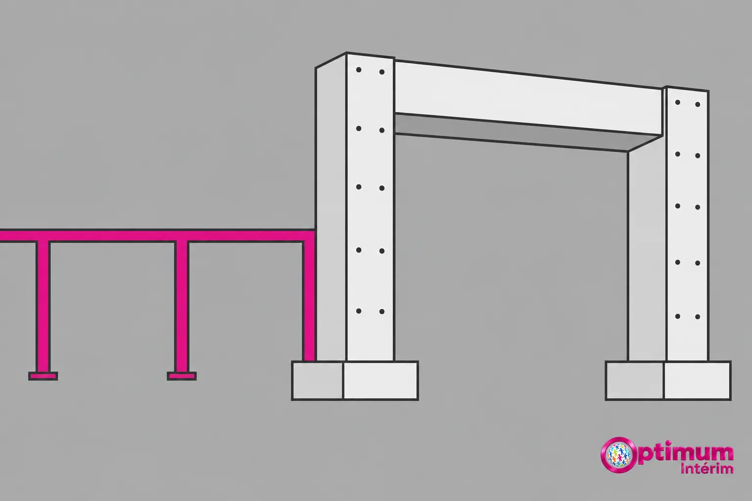 Portique en béton avec poutres et dalles relié à une passerelle en acier peint en rose.