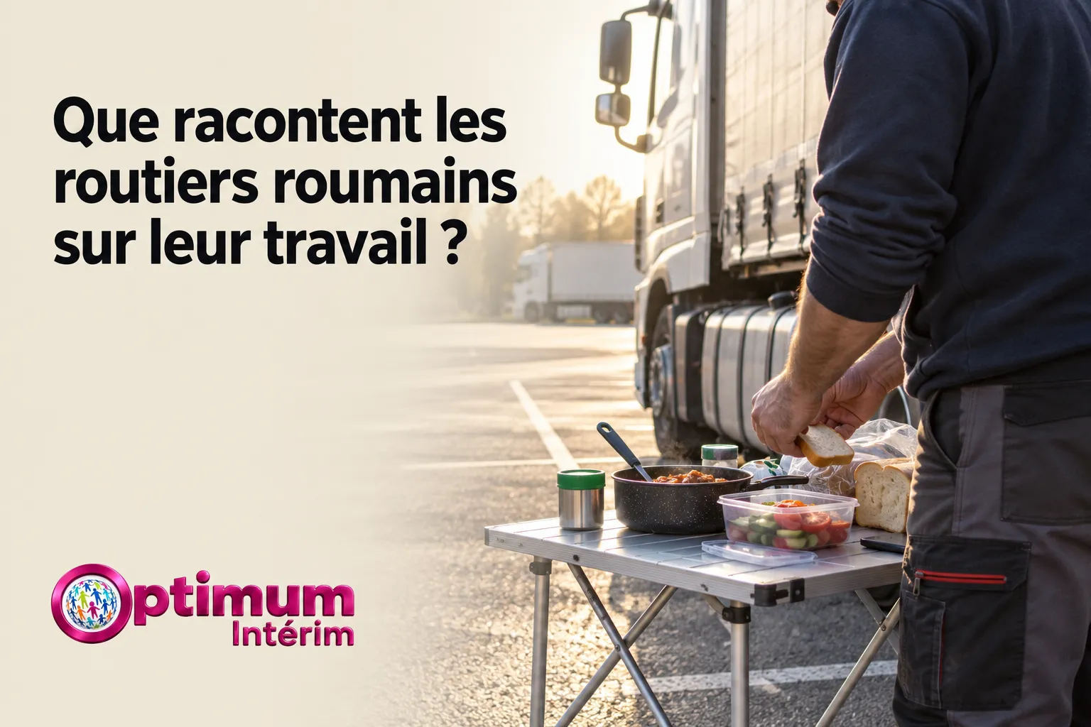 Un routier prépare un repas sur une table pliante à côté de son camion.