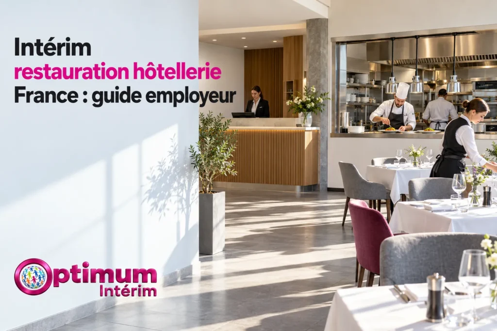 Salle de restaurant moderne avec comptoir et cuisine en arrière-plan, et des tables dressées pour le service.