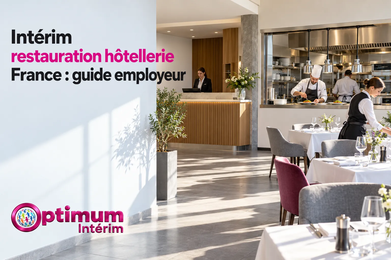 Salle de restaurant moderne avec comptoir et cuisine en arrière-plan, et des tables dressées pour le service.
