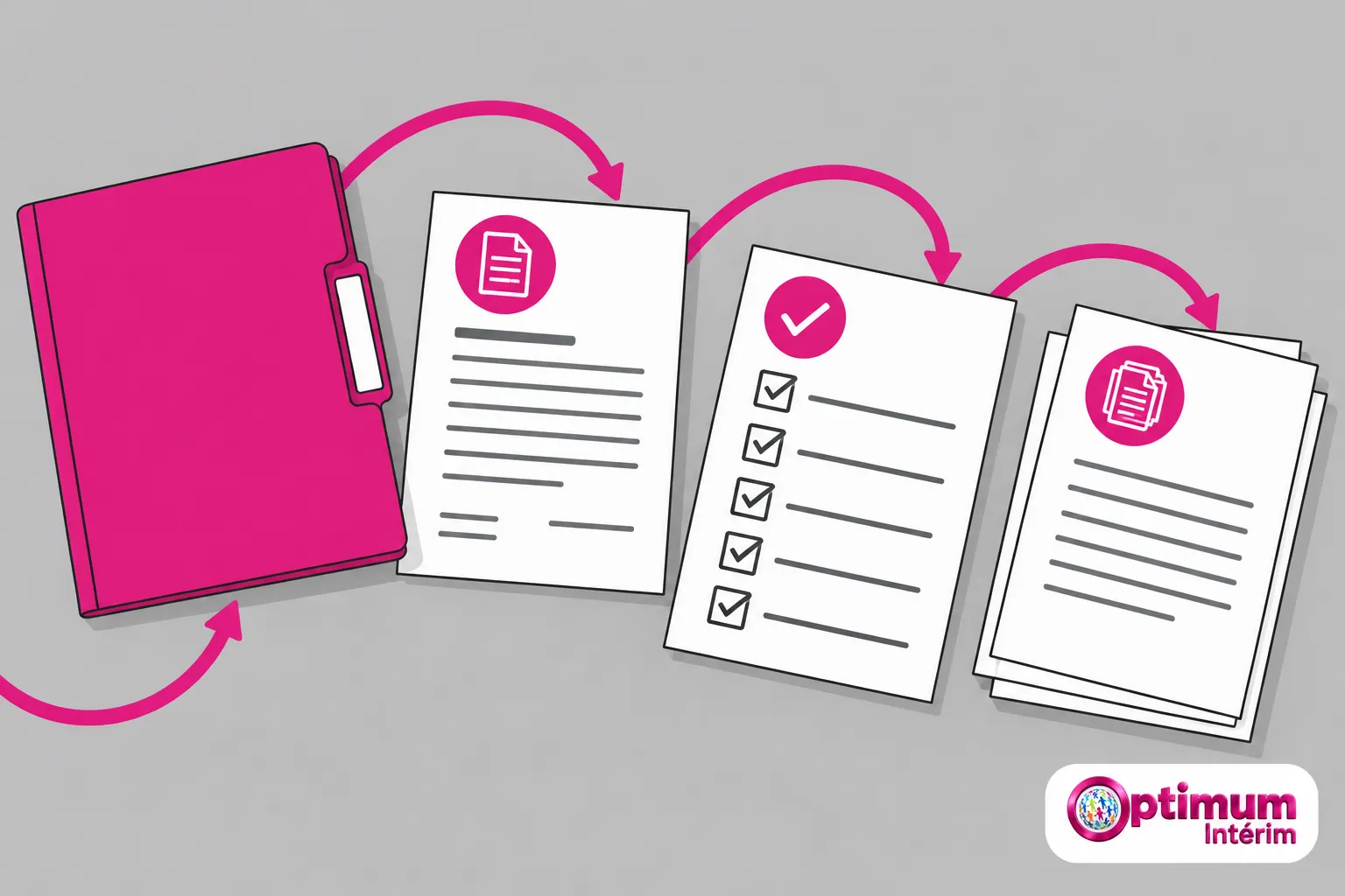 Une série de documents et une chemise rose représentant des formulaires et des veines flèches indiquant le flux entre les