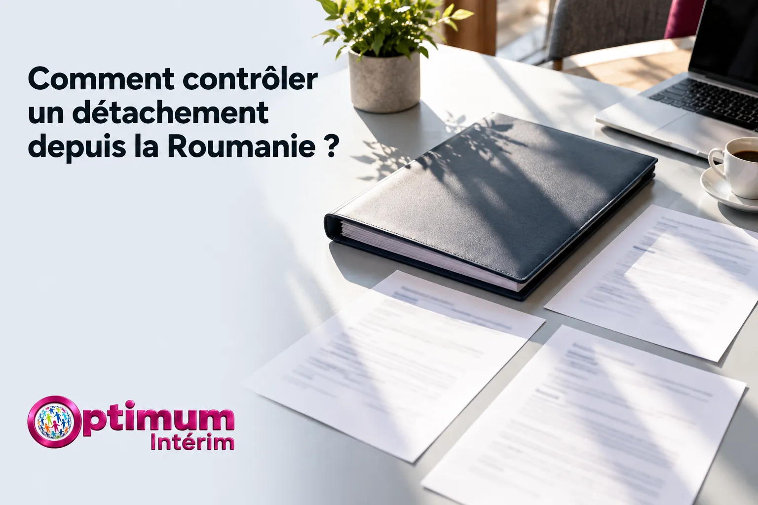Tableau de travail avec un carnet et des documents éparpillés sur la table, près d’un ordinateur et d’une plante.