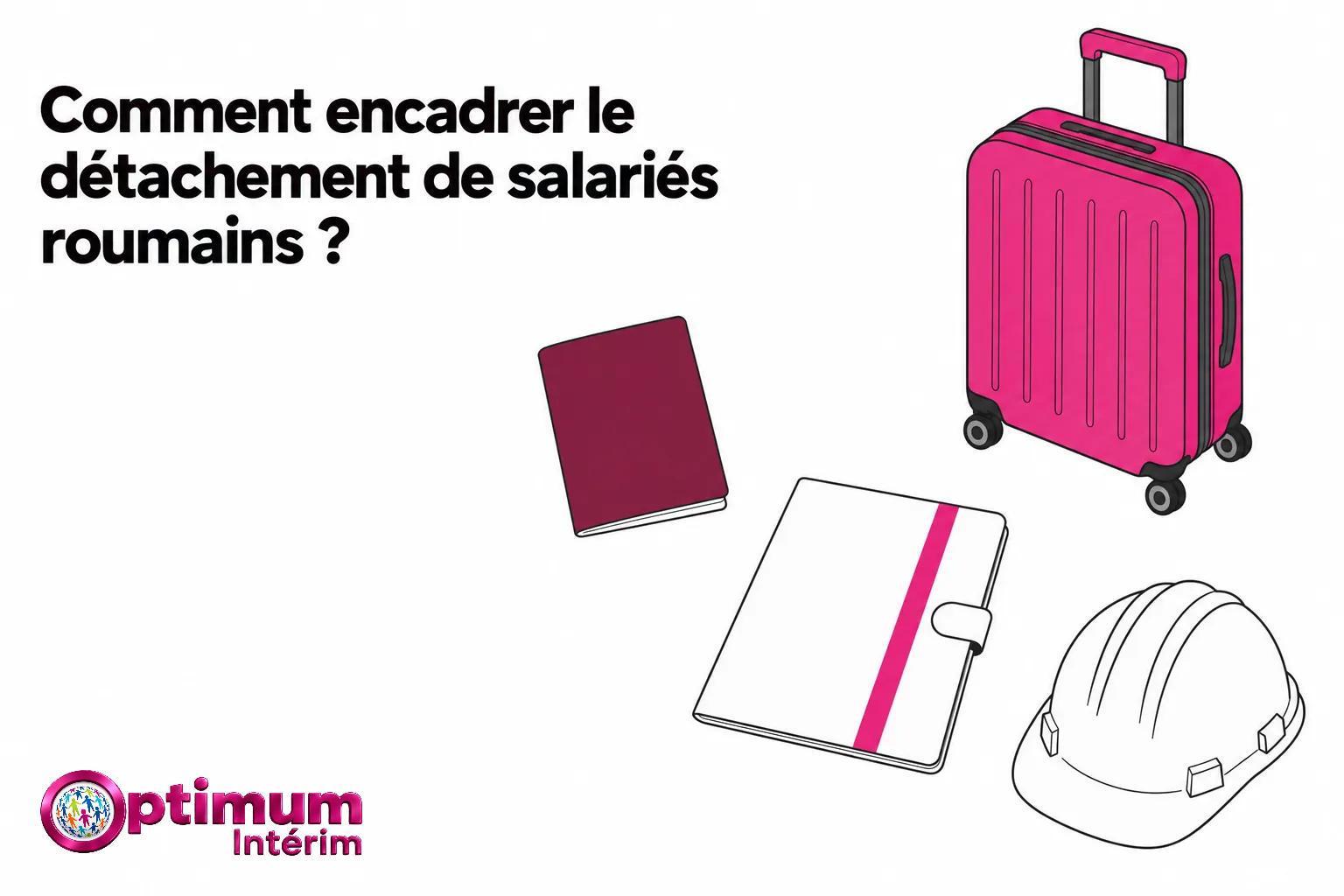 Une valise rose, un carnet et un casque de sécurité disposés près d’un carnet blanc à bande rose.
