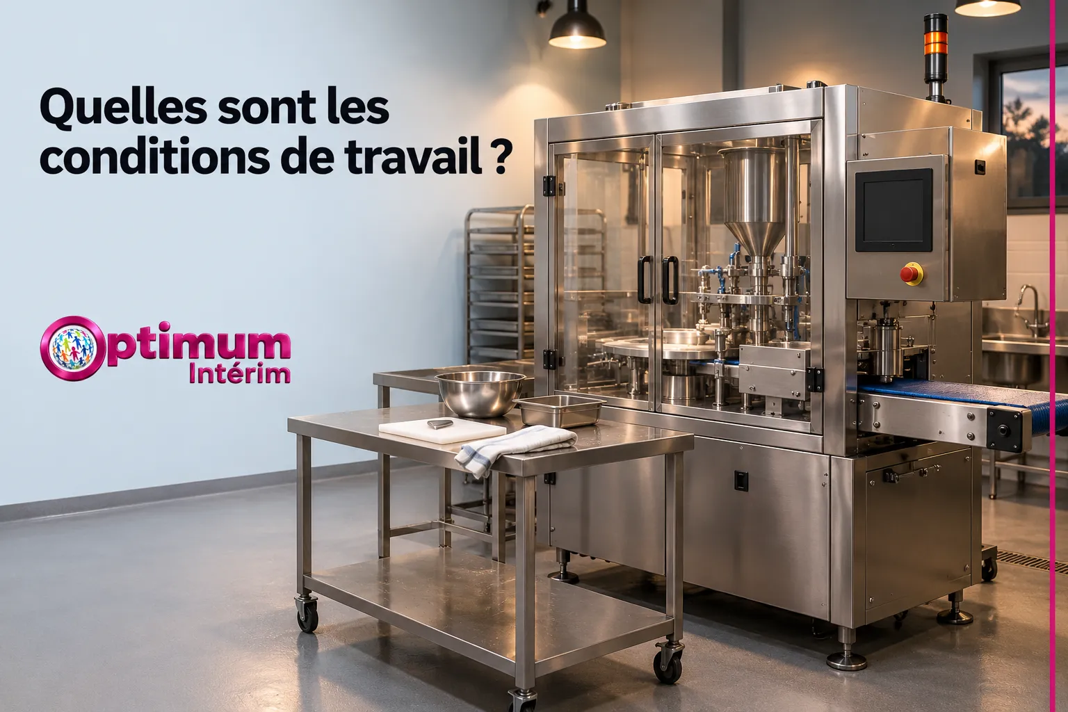 Vue d’une ligne de production agroalimentaire avec une machine automatisée et une table de travail en salle blanche.