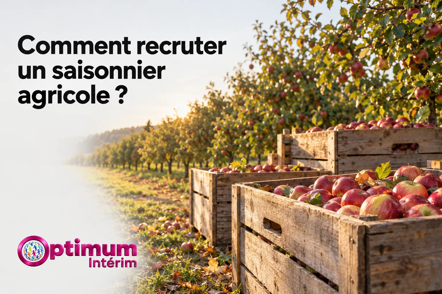 Vue de rangées de caisses en bois remplies de pommes dans un verger en plein air.